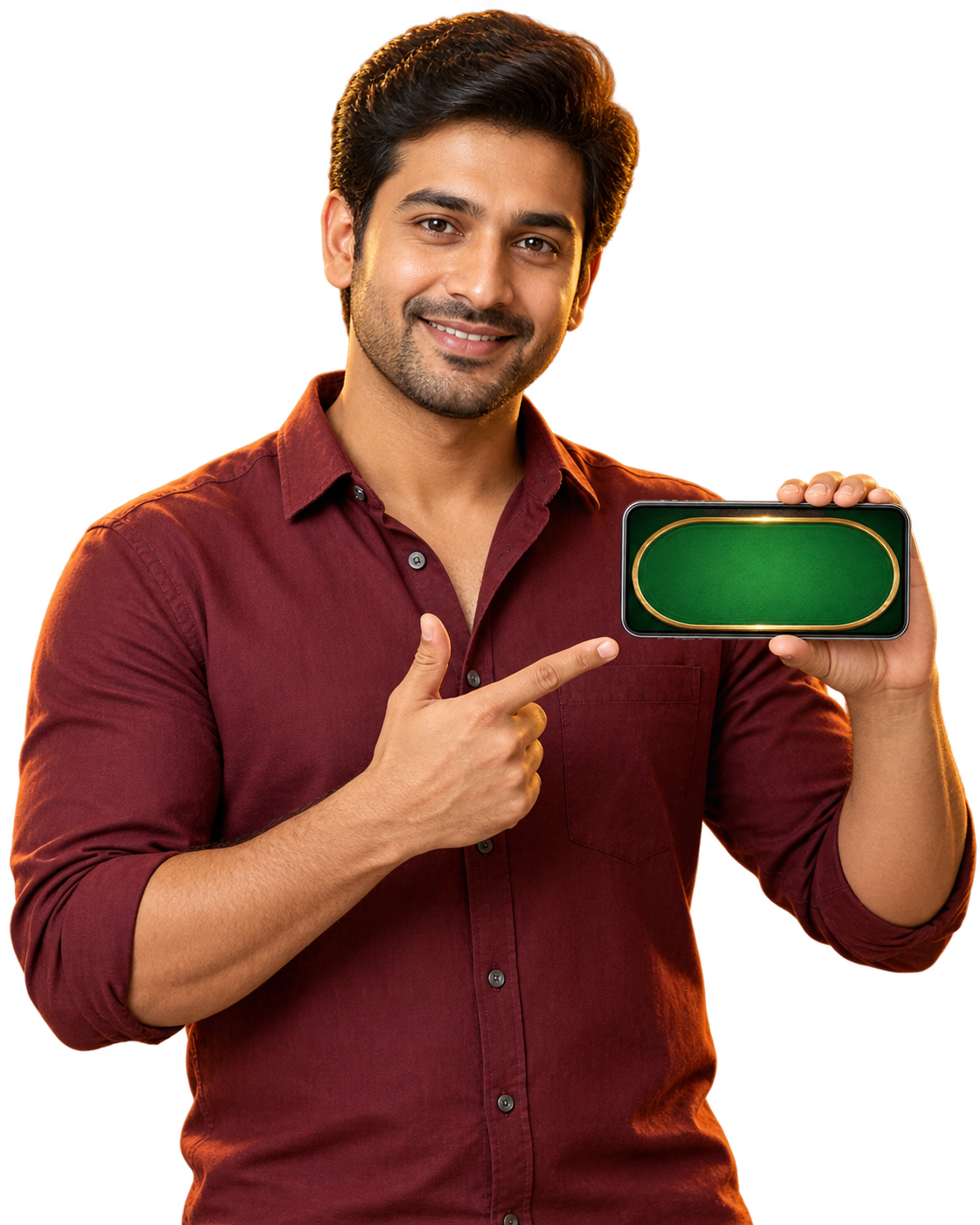 A friendly Rummy guide presenting a game table on his phone